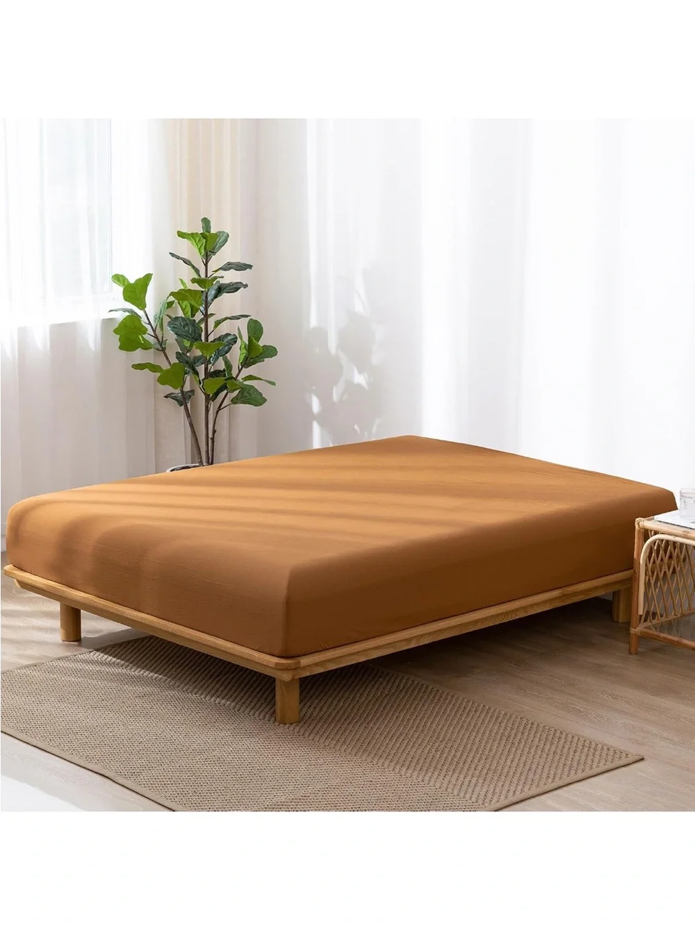 NEW MooMee Fitted Bottom Sheet Only 100% Washed Cotton Linen Like. Dark Orange